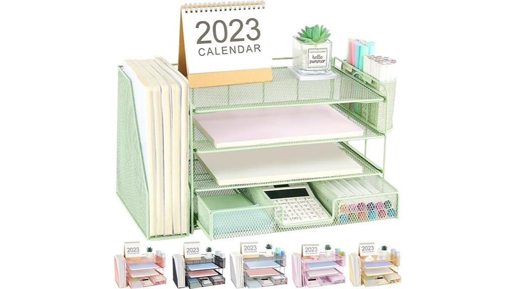 desk with drawers and pens